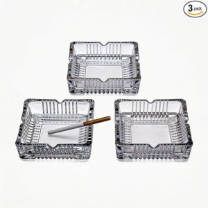 3 Pack 4 inch Square Glass Ashtray, Clear Thick Tempered Glass Cigarette Ash Tray, Easy Clean Heavy Duty Smoke Tray for Home Office Outdoor Party Decoration